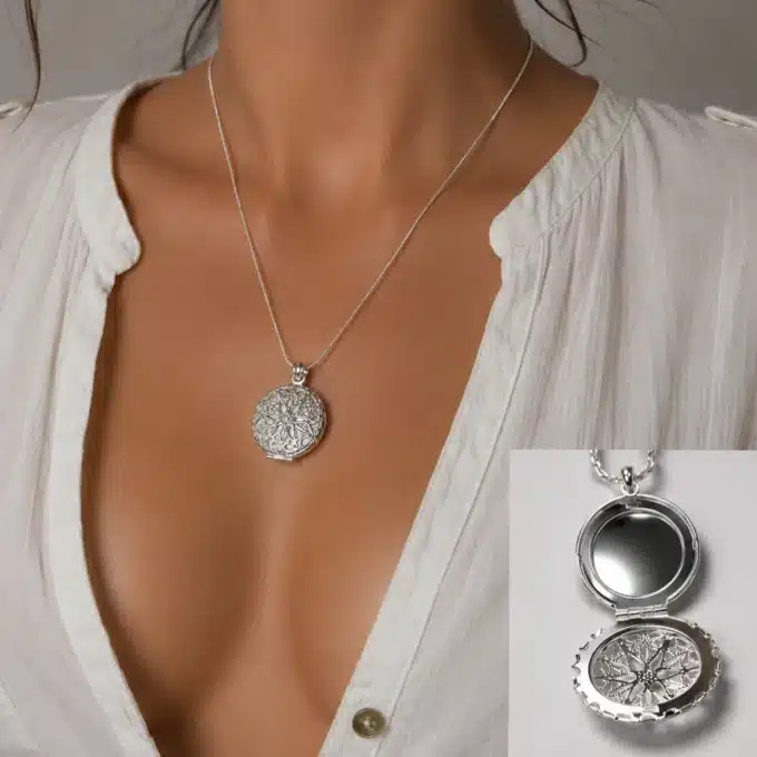 N3280 Collier femme pendentif porte photo rond plaqué argent filigrané - Bijoux colliers femmes en ligne Ninanina