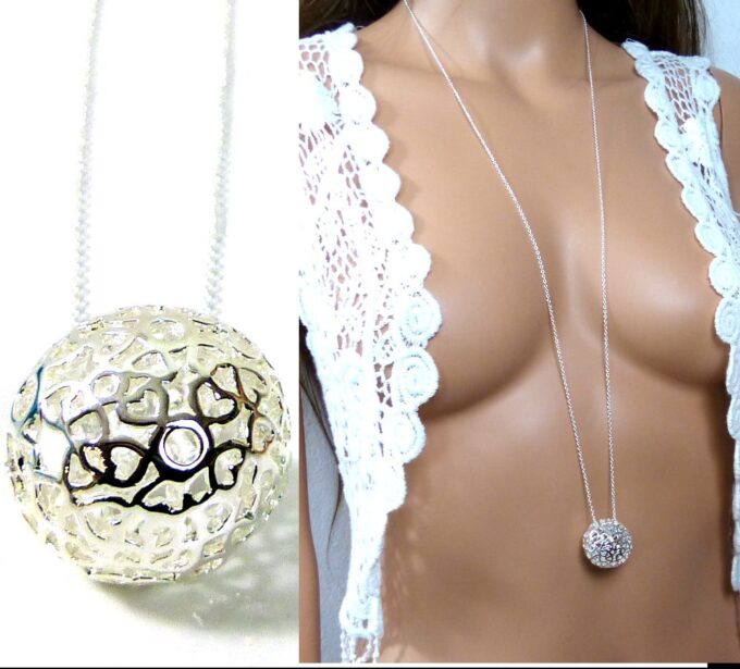 N3282terc collier long sautoir boule plaqué argent