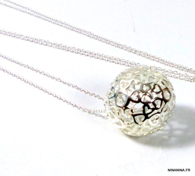 N3282terf collier long sautoir boule plaqué argent