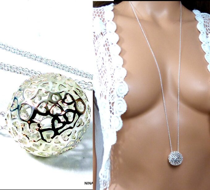 N3282terk collier long sautoir boule plaqué argent