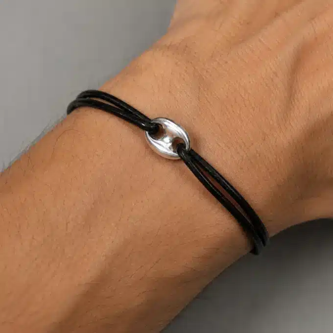 N3292 Bracelet grain de café Argent plaqué cordon cuir réglable - Bijoux bracelets homme en ligne Ninanina