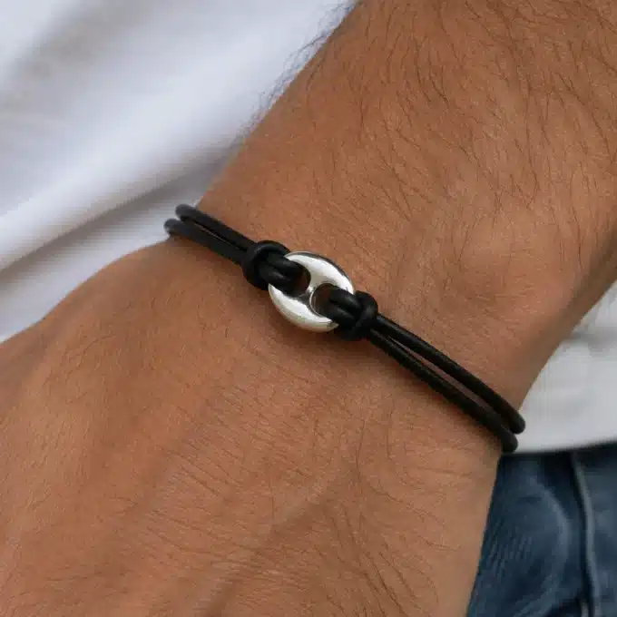 N3293 Bracelet homme cordon cuir grain de café plaqué Argent - Bijoux bracelets hommes en ligne Ninanina