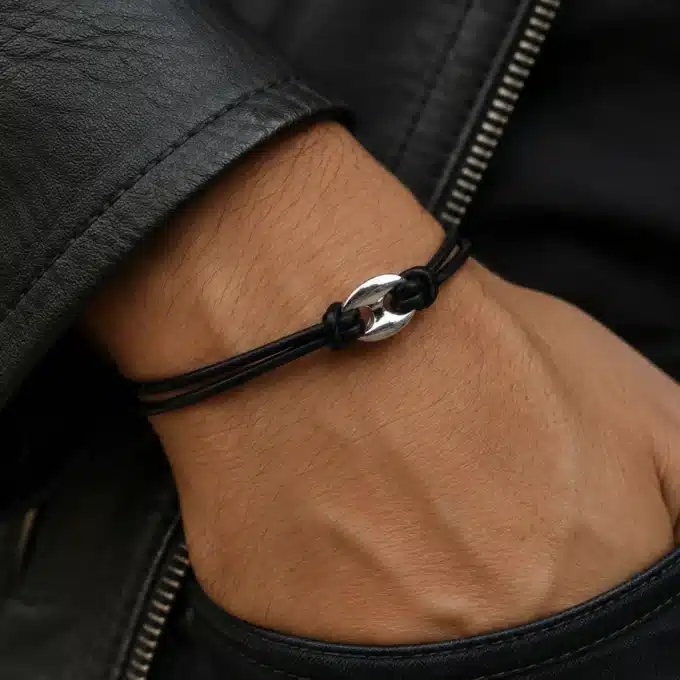 N3293a Bracelet homme cordon cuir grain de café plaqué Argent - Bijoux bracelets hommes en ligne Ninanina