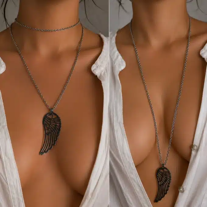 N3294 Collier long - Sautoir Grand Pendentif Aile d'Ange En Acier inoxydable - Bijoux colliers femmes en ligne Ninanina