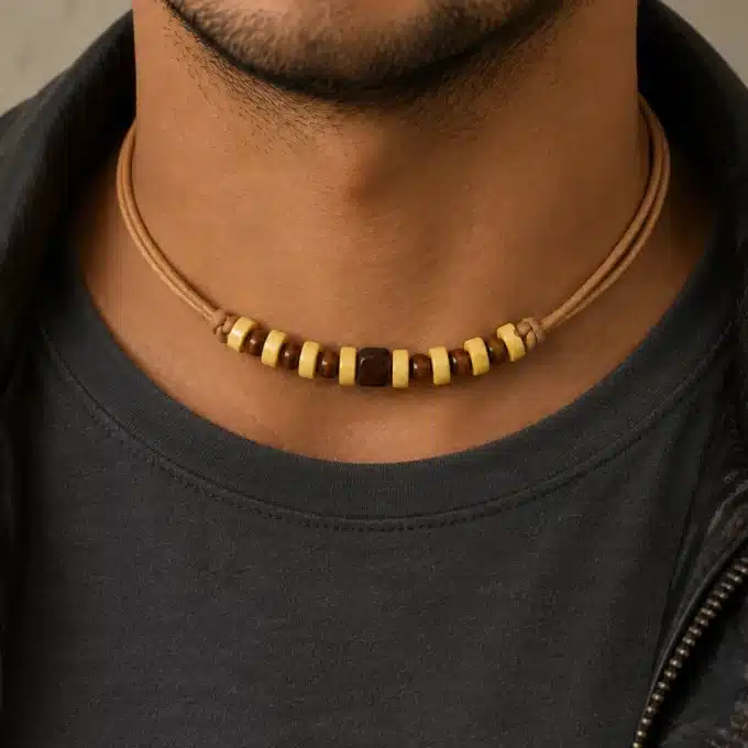 N3299 Collier homme perles de bois cordon cuir réglable - Bijoux colliers hommes en ligne Ninanina