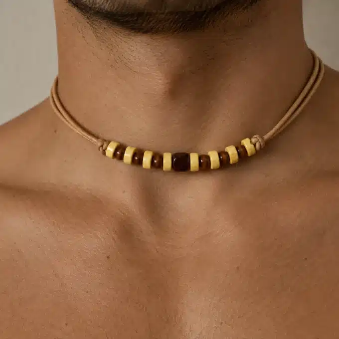 N3299b Collier homme perles de bois cordon cuir réglable - Bijoux colliers hommes en ligne Ninanina