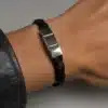 N3306 Bracelet homme cuir tressé fermoir rectangle Acier inoxydable argenté - Bijoux bracelets hommes en ligne Ninanina