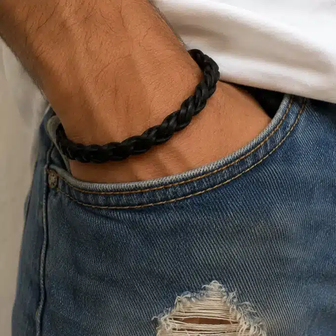 N3306a Bracelet homme cuir tressé fermoir rectangle Acier inoxydable argenté - Bijoux bracelets hommes en ligne Ninanina