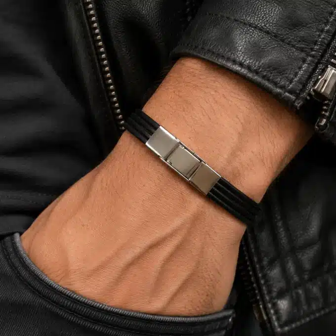 N3307 Bracelet homme cuir tressé fermoir rectangle Acier inoxydable argenté - Bijoux bracelets hommes en ligne Ninanina