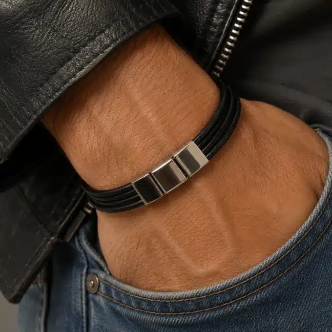 N3307a Bracelet homme cuir tressé fermoir rectangle Acier inoxydable argenté - Bijoux bracelets hommes en ligne Ninanina