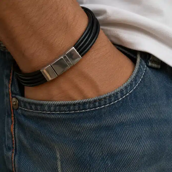 N3307b Bracelet homme cuir tressé fermoir rectangle Acier inoxydable argenté - Bijoux bracelets hommes en ligne Ninanina