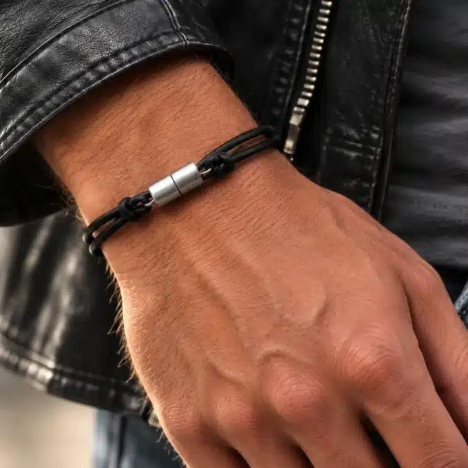N3309 Bracelet cordon cuir noir fermoir aimanté Argent 925 massif - Bijoux bracelets hmmes en ligne Ninanina
