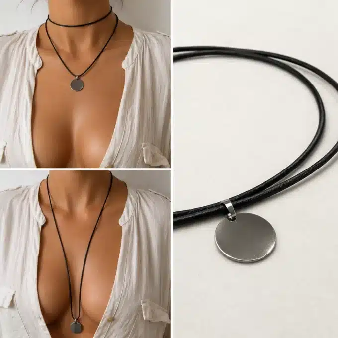 N3324b Collier femme pendentif rond Acier inoxydable cordon cuir - Bijoux colliers femmes en ligne Ninanina