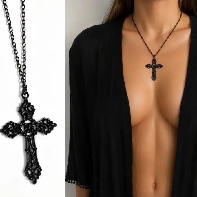 N3330 Collier femme court pendentif croix métal noir artisanal - Bijoux colliers femmes en ligne Ninanina