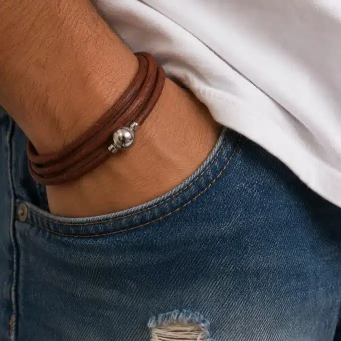 N3335 Bracelet cuir 3 tours homme boule Acier Inoxydable aimanté - Bijoux bracelets hommes en ligne Ninanina