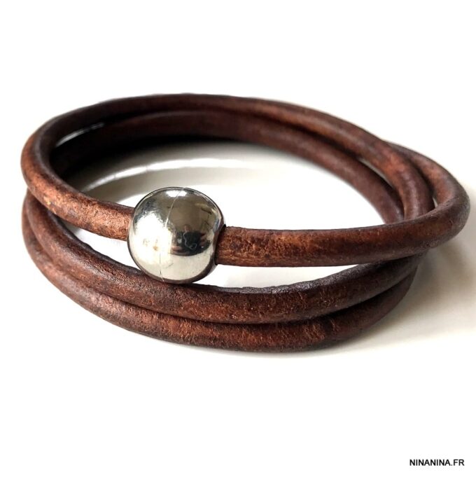 N3335 Bracelet cuir 3 tours homme boule Acier Inoxydable - Bijoux Bracelets en ligne Ninanina
