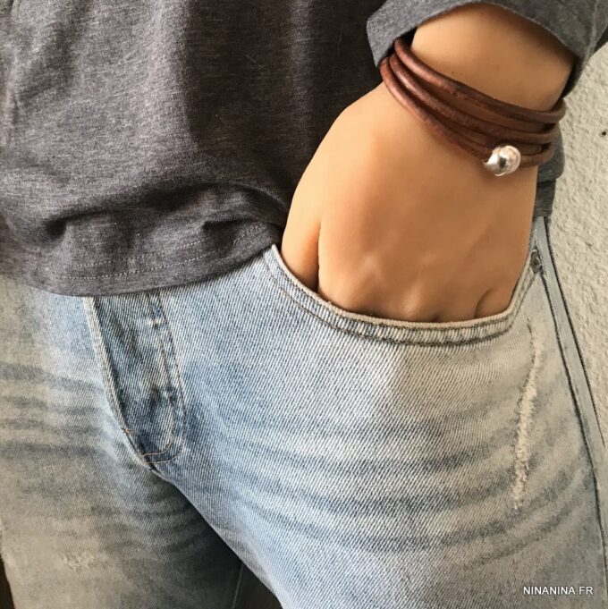 N3335c Bracelet cuir 3 tours homme boule Acier Inoxydable - Bijoux Bracelets en ligne Ninanina