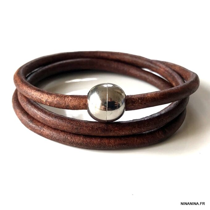 N3335d Bracelet cuir 3 tours homme boule Acier Inoxydable - Bijoux Bracelets en ligne Ninanina