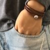 N3335e Bracelet cuir 3 tours homme boule Acier Inoxydable - Bijoux Bracelets en ligne Ninanina