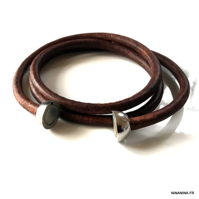 N3335f Bracelet cuir 3 tours homme boule Acier Inoxydable - Bijoux Bracelets en ligne Ninanina