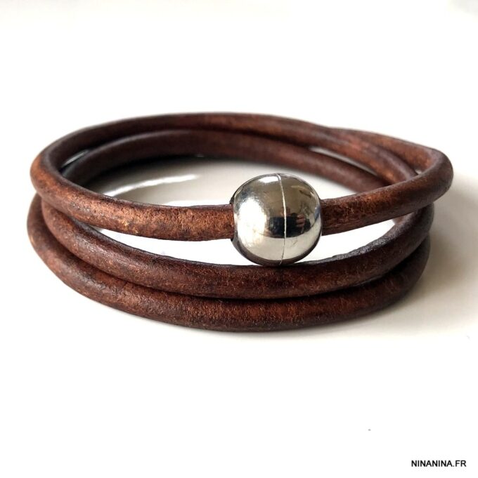 N3335h Bracelet cuir 3 tours homme boule Acier Inoxydable - Bijoux Bracelets en ligne Ninanina