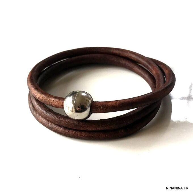 N3335i Bracelet cuir 3 tours homme boule Acier Inoxydable - Bijoux Bracelets en ligne Ninanina