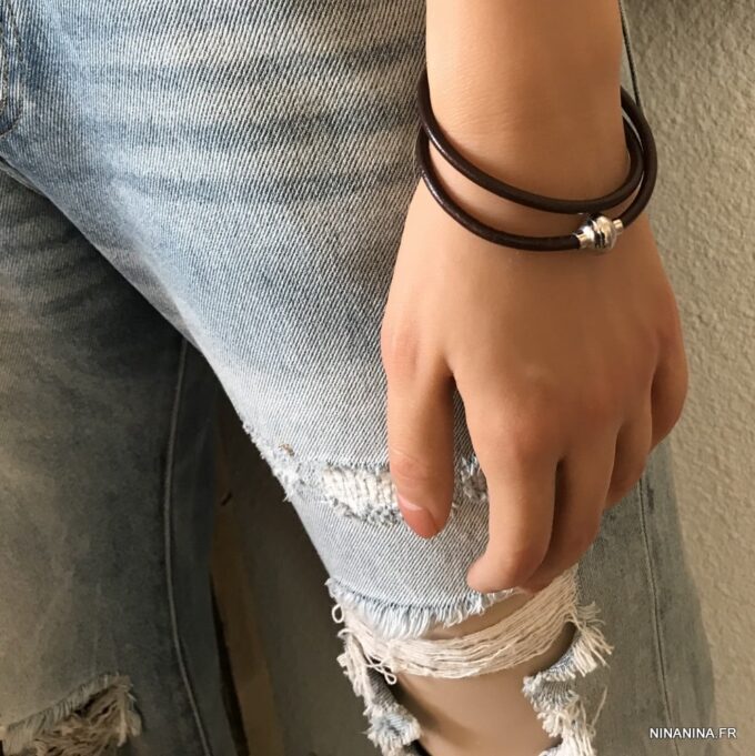 N3336a Bracelet cuir double tour fermoir Acier inoxydable aimanté - Bijoux Bracelets en ligne Ninanina