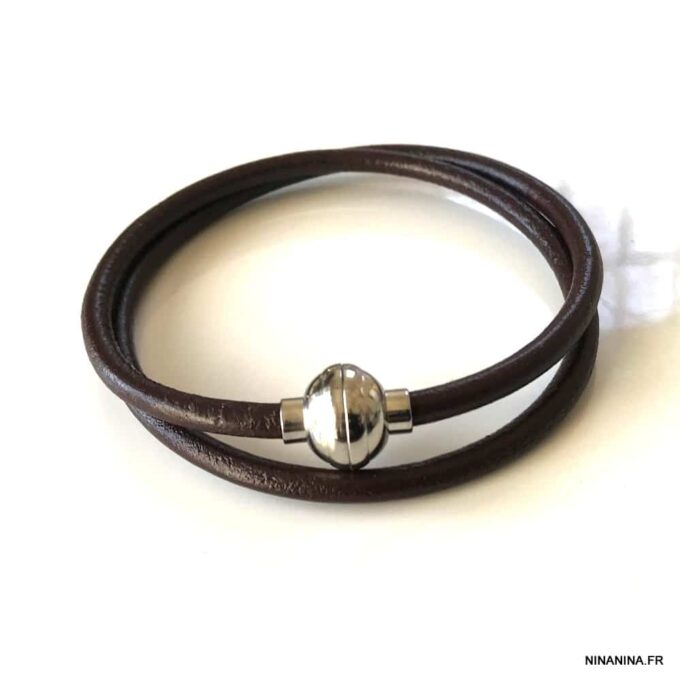 N3336b Bracelet cuir double tour fermoir Acier inoxydable aimanté - Bijoux Bracelets en ligne Ninanina
