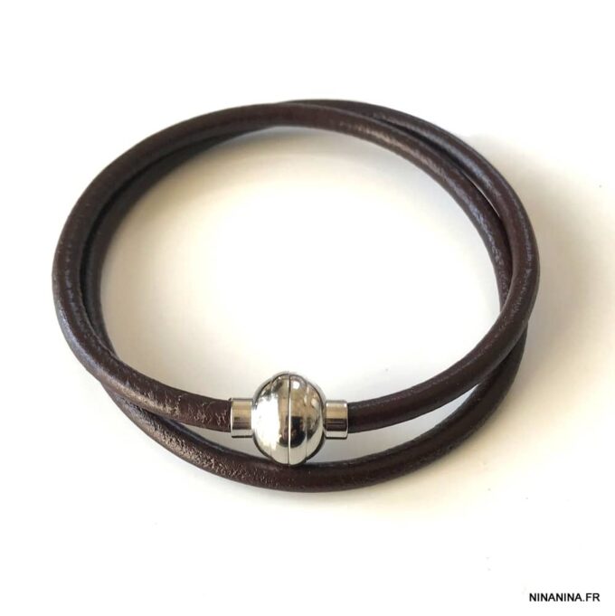 N3336d Bracelet cuir double tour fermoir Acier inoxydable aimanté - Bijoux Bracelets en ligne Ninanina