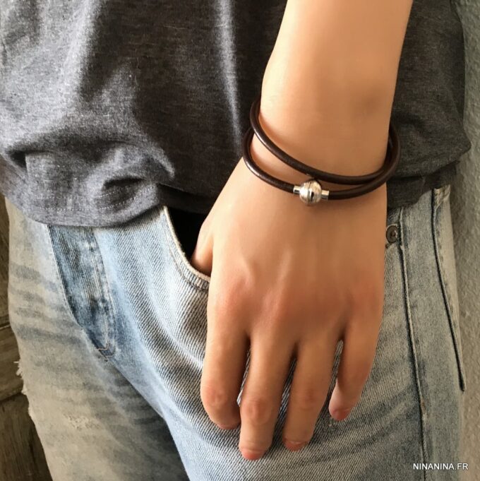 N3336e Bracelet cuir double tour fermoir Acier inoxydable aimanté - Bijoux Bracelets en ligne Ninanina