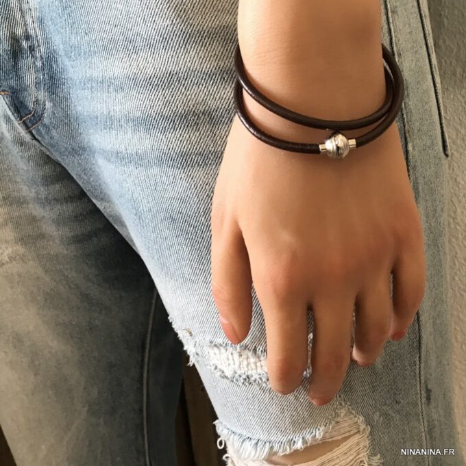 N3336i Bracelet cuir double tour fermoir Acier inoxydable aimanté - Bijoux Bracelets en ligne Ninanina