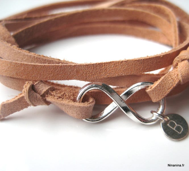 N3341 Bracelet infini femme personnalisé Argent 925 cordon cuir - Bijoux Bracelets femmes en ligne Ninanina