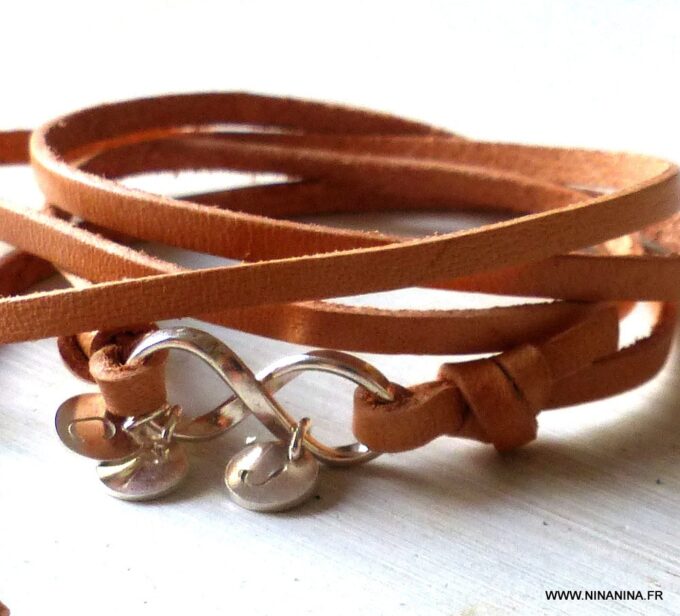 N3341b Bracelet infini femme personnalisé Argent 925 cordon cuir - Bijoux Bracelets femmes en ligne Ninanina