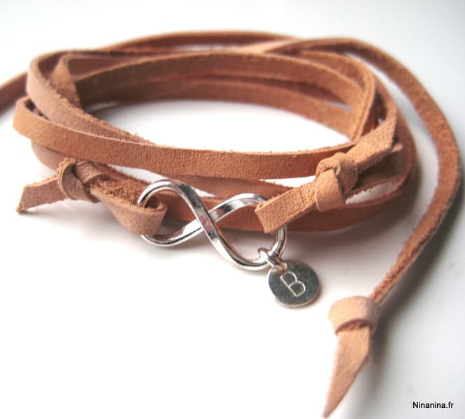 N3341c Bracelet infini femme personnalisé Argent 925 cordon cuir - Bijoux Bracelets femmes en ligne Ninanina