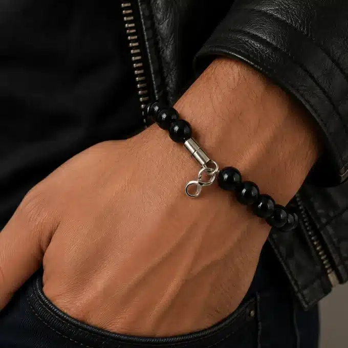 N3344 Bracelet homme signe infini perles noires Argent 925 massif - Bijoux Bracelets hommes en ligne Ninanina