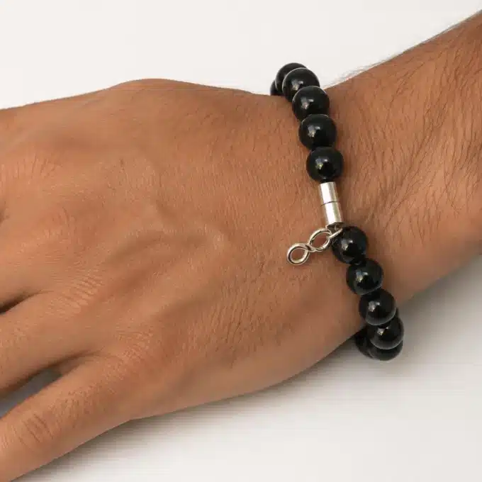 N3344a Bracelet homme signe infini perles noires Argent 925 massif - Bijoux Bracelets hommes en ligne Ninanina