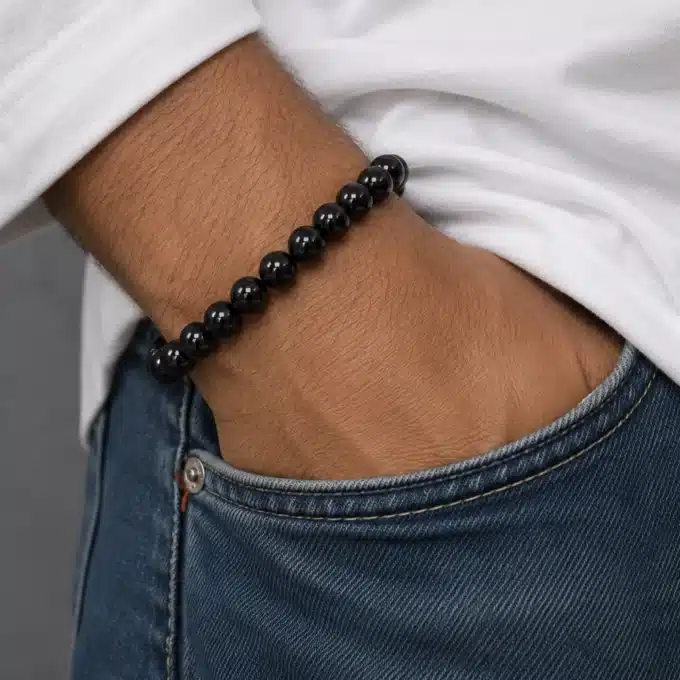 N3346 Bracelet homme personnalisé perle noire et Argent 925 massif - Bijoux bracelets hommes en ligne Ninanina