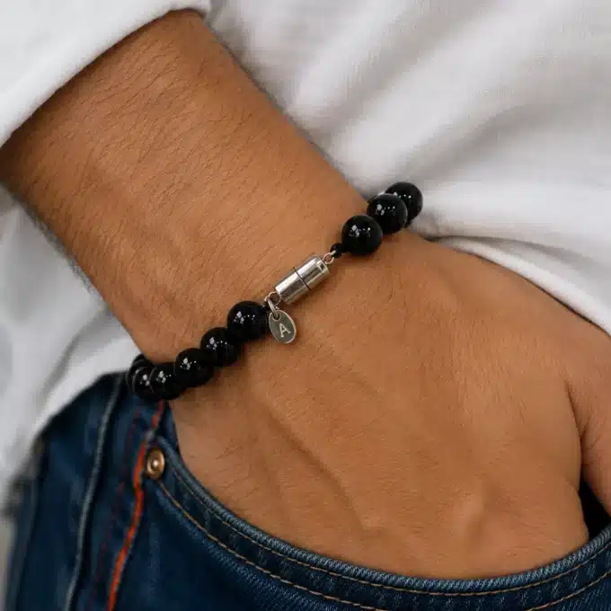 N3346a Bracelet homme personnalisé perle noire et Argent 925 massif - Bijoux bracelets hommes en ligne Ninanina