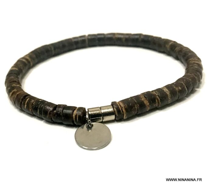 N3347 Bracelet marron homme ou femme fermoir Acier argent rondelles bois de coco - Bijoux Bracelets en ligne Ninanina