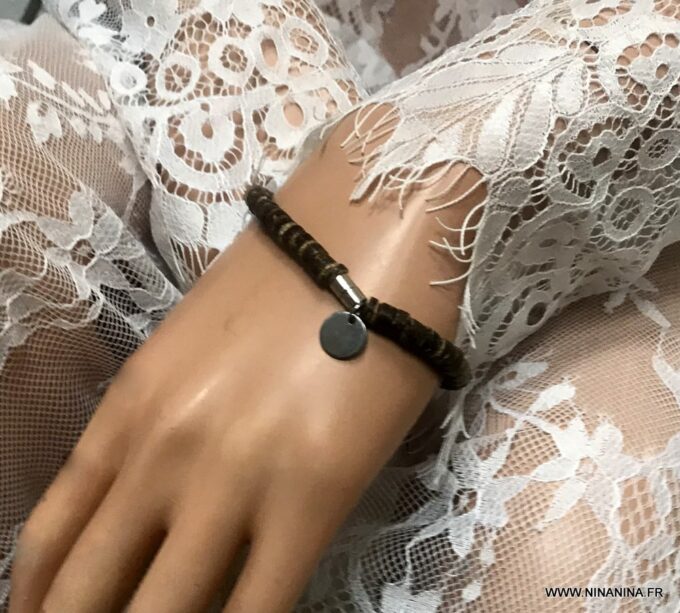N3347a Bracelet marron homme ou femme fermoir Acier argent rondelles bois de coco - Bijoux Bracelets en ligne Ninanina