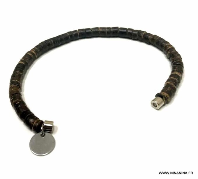 N3347c Bracelet marron homme ou femme fermoir Acier argent rondelles bois de coco - Bijoux Bracelets en ligne Ninanina
