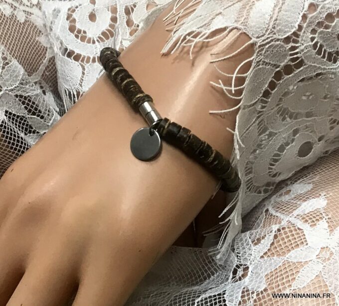 N3347d Bracelet marron homme ou femme fermoir Acier argent rondelles bois de coco - Bijoux Bracelets en ligne Ninanina