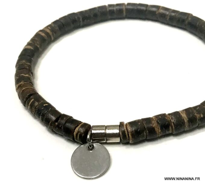 N3347e Bracelet marron homme ou femme fermoir Acier argent rondelles bois de coco - Bijoux Bracelets en ligne Ninanina