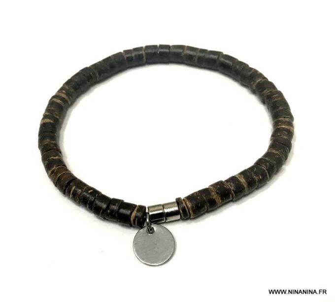 N3347f Bracelet marron homme ou femme fermoir Acier argent rondelles bois de coco - Bijoux Bracelets en ligne Ninanina