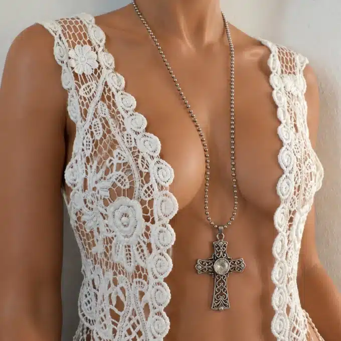 N3349 Collier long pendentif croix argenté - Sautoir femme gothique - Bijoux colliers femmes en ligne Ninanina