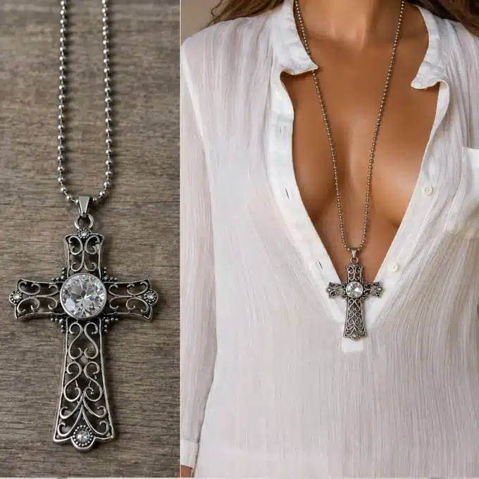 N3349b Collier long pendentif croix argenté - Sautoir femme gothique - Bijoux colliers femmes en ligne Ninanina