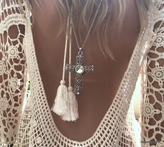 N3350d Sautoir croix fantaisie - Collier de dos long pendentif croix - Bijoux Colliers de dos en ligne Ninanina