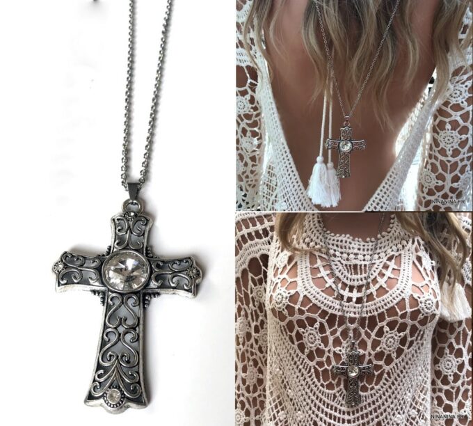 N3350e Sautoir croix fantaisie - Collier de dos long pendentif croix - Bijoux Colliers de dos en ligne Ninanina