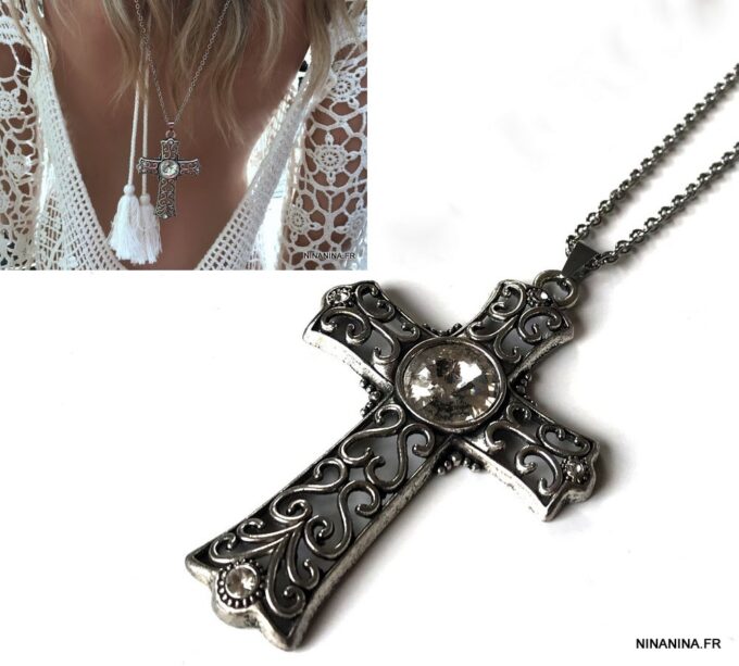 N3350g Sautoir croix fantaisie - Collier de dos long pendentif croix - Bijoux Colliers de dos en ligne Ninanina