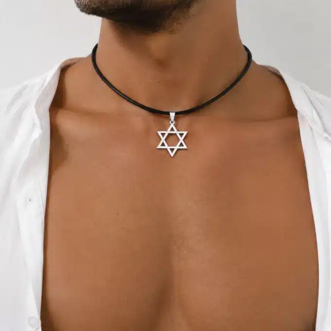 N3361 Pendentif croix de david Acier argent - Collier homme cuir - Bijoux colliershommes en ligne Ninanina